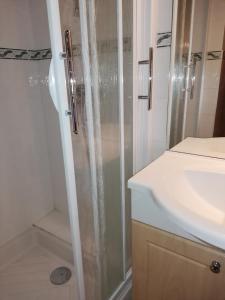 a shower with a glass door next to a sink at Chalet Renouveau in Saint-Martin-de-Belleville