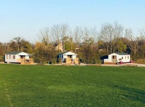grupa domów na polu z zieloną trawą w obiekcie La Maison Blanche w mieście Courlans