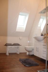 a bathroom with a sink and a toilet and a skylight at Ferienanlage Am Nahkegraben in Burg