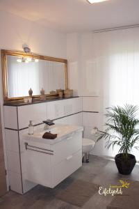 y baño con lavabo, espejo y aseo. en FeWo Seeseite, en Rieden