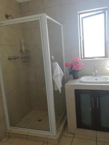 a bathroom with a shower and a sink at Claire's in Ballito