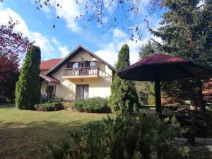 a house with an umbrella in front of it at Brvnara i Apart Zlatiborski Mir in Zlatibor