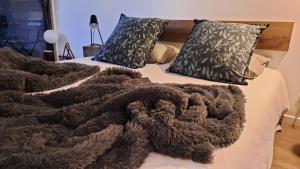 Una cama con una manta marrón y almohadas. en La Cabane de Troyes - Chambre d'hôtes, en Troyes