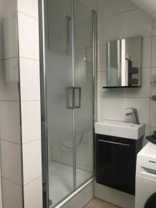 a bathroom with a shower and a sink at Sweet Home Appartements 1 in Bottrop +33 photos