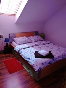 sypialnia z łóżkiem z fioletowymi ścianami i oknem w obiekcie Apartman Danijel Jagic w mieście Petrinja