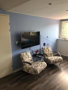 een woonkamer met 2 stoelen en een flatscreen-tv bij De Baal in Haalderen