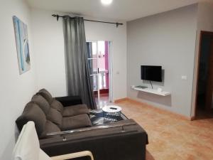 ein Wohnzimmer mit einem Sofa und einem TV in der Unterkunft THREE BEDROOM APARTAMENT NEAR SANTA CRUz 1A in Santa Cruz de Tenerife