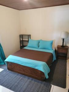a bedroom with a large bed with blue pillows at Hostel Coati Place Bed & Breakfast Adults Only in Monteverde Costa Rica