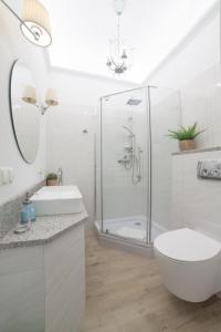 a bathroom with a shower and a toilet and a sink at Boleslav Home De Luxe in Sucha Beskidzka