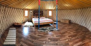 two dogs laying in a yurt with a bed at Erdősmecskei sváb vendégházak és Jurtaszállás in Erdősmecske