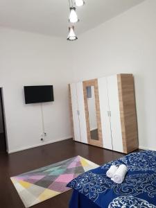 um quarto com uma cama, uma televisão e um espelho em Apartament 12 Central em Târgu-Mureş