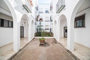 einen Innenhof in einem Gebäude mit Bögen und einer Topfpflanze in der Unterkunft Apartamento Conil Centro in Conil de la Frontera