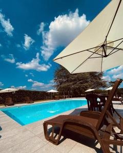 einen Stuhl und einen Regenschirm neben einem Pool in der Unterkunft Hotel Villa Malpensa in Vizzola Ticino