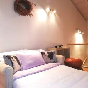 een slaapkamer met een wit bed met kussens erop bij Lafky Arachova Residence in Arachova