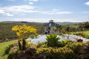 a garden with a swimming pool and a gazebo at Arcangeli Wines in Botrivier
