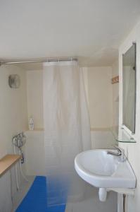 een witte badkamer met een wastafel en een douche bij Vilnius Collegium Apartment in Vilnius