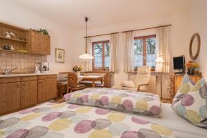 une cuisine et une chambre avec un lit dans une pièce dans l'établissement Obstgarten, à Lindau