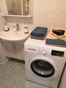 uma casa de banho com uma máquina de lavar roupa e um lavatório em Apartment with sauna near the Saimaa lake em Lappeenranta