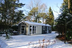 a small shed in the snow with trees at Park De Haeghehorst in Ermelo