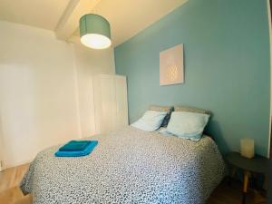 - une chambre dotée d'un lit avec un mur bleu dans l'établissement Nid Douillet sur plateau central, à Clermont-Ferrand