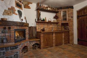 a living room with a stone fireplace and a kitchen at Vineyard Cottage Rataj 1 in Novo Mesto