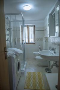 La salle de bains blanche est pourvue d'un lavabo et d'une douche. dans l'établissement Apartments Ospitalità Diffusa Borgate tra le Malghe, à Falcade