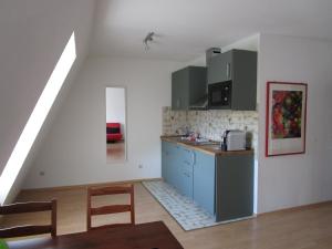 a kitchen with green cabinets and a counter top at Dependance am Blumenbrunnen in Baden-Baden