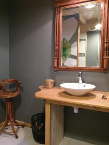 a bathroom with a sink and a mirror on a counter at Les Billardes - le gite - Jura in Gizia