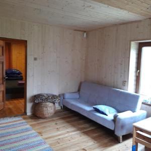 sala de estar con sofá azul y suelo de madera en Lauku māja Riesti, 