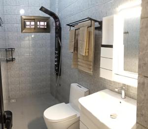 a bathroom with a toilet and a sink and a shower at Marys Guest House in Lomé +42 photos