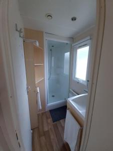 a bathroom with a white sink and a shower at détente au cœur de la ferme in Lacroix-sur-Meuse