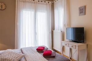 een slaapkamer met een tv en een bed met rode kussens bij City Stay close to the National Museum in Athene