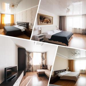 un collage de quatre photos d'une chambre d'hôtel dans l'établissement Hochu Priehat na Cheluskintsev, à Vologda