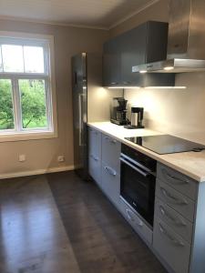 a kitchen with stainless steel appliances and a window at Villa Taivaanvuohi in Kyrö