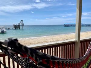 a hammock on a porch with a view of the beach at Fosters West Bay Resort in West Bay