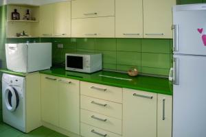 a green kitchen with a white refrigerator and a microwave at Apartament Lara in Constanţa
