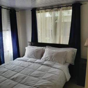 a bed with a black headboard and white pillows at Rancha Azul Inn in Alajuela