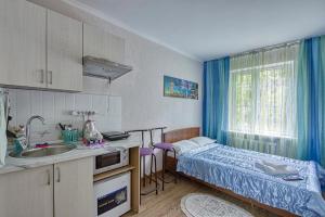 a kitchen with a bed and a sink in a room at Апартаменты на улице Клочкова, 128 in Almaty