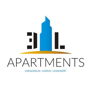 a logo for apartments with a city in the background at 3L Apartments Diune in Kołobrzeg