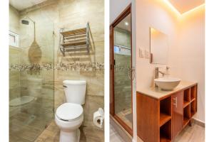 two images of a bathroom with a toilet and a shower at Casa Dos Lunas in Oaxaca City