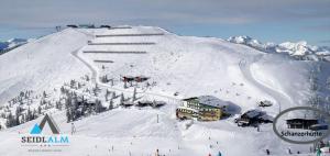 pokryta śniegiem góra z domkiem narciarskim w obiekcie Mountainlovers Berghotel SeidlAlm w Saalbach Hinterglemm