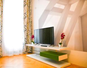einen Fernseher auf einem Stand in einem Raum in der Unterkunft Elegant Suite Augarten in Wien