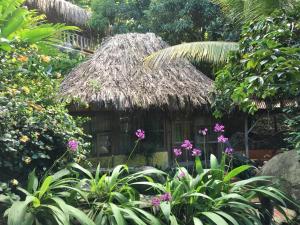 a small hut with a thatch roof and some flowers at Eco Hostal Yuluka in El Zaino