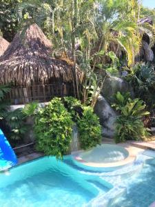 a resort swimming pool with a thatch roof at Eco Hostal Yuluka in El Zaino