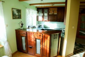 a kitchen with wooden cabinets and a counter top at Całoroczny dom nad morzem in Ostrowo