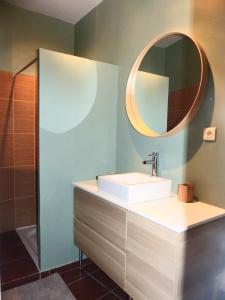 uma casa de banho com um lavatório e um espelho em Le tout cosy - Wifi - Disney - EvasionPamiers em Pamiers