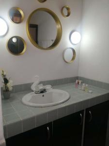 
a bathroom with a sink, mirror, and a mirror on the wall at Casona del Valle in Potrerillos

