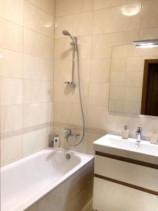 a bathroom with a bath tub and a sink at Apartment at the heart of Lviv in Lviv