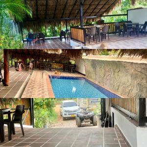 a collage of photos of a house with a swimming pool at Cabaña hotel conde in Doradal