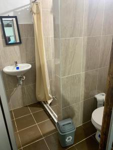 a bathroom with a sink and a toilet and a shower at Cabaña hotel conde in Doradal +35 photos